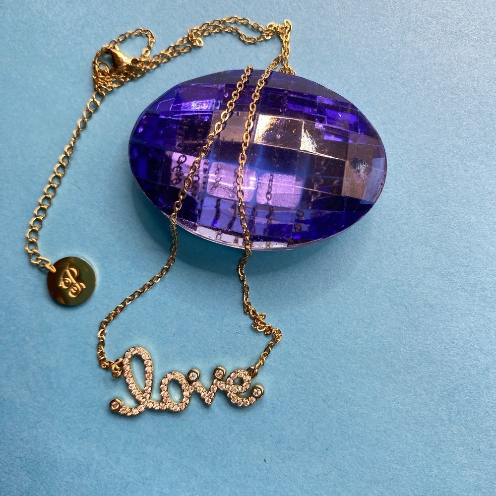 PLUNDER Grecia LOVE Necklace Gold Stainless Steel Rhinestones Script 16.5"-18.5"